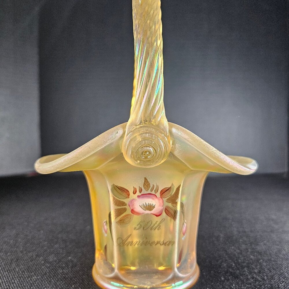 Fenton Soft Amber Iridescent Hand Painted 50th Anniversary Basket Signed Stephen